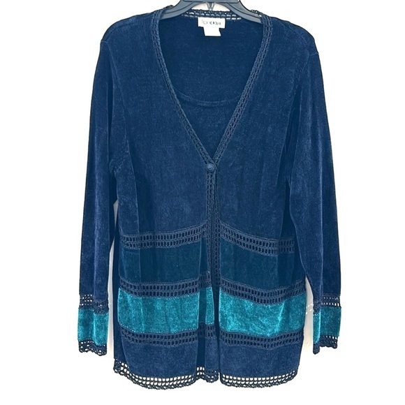 Vintage PICCALINO WOMAN Velvety 1pc Knit Soft Cardigan Blue/Green Size 18 - Picture 2 of 7